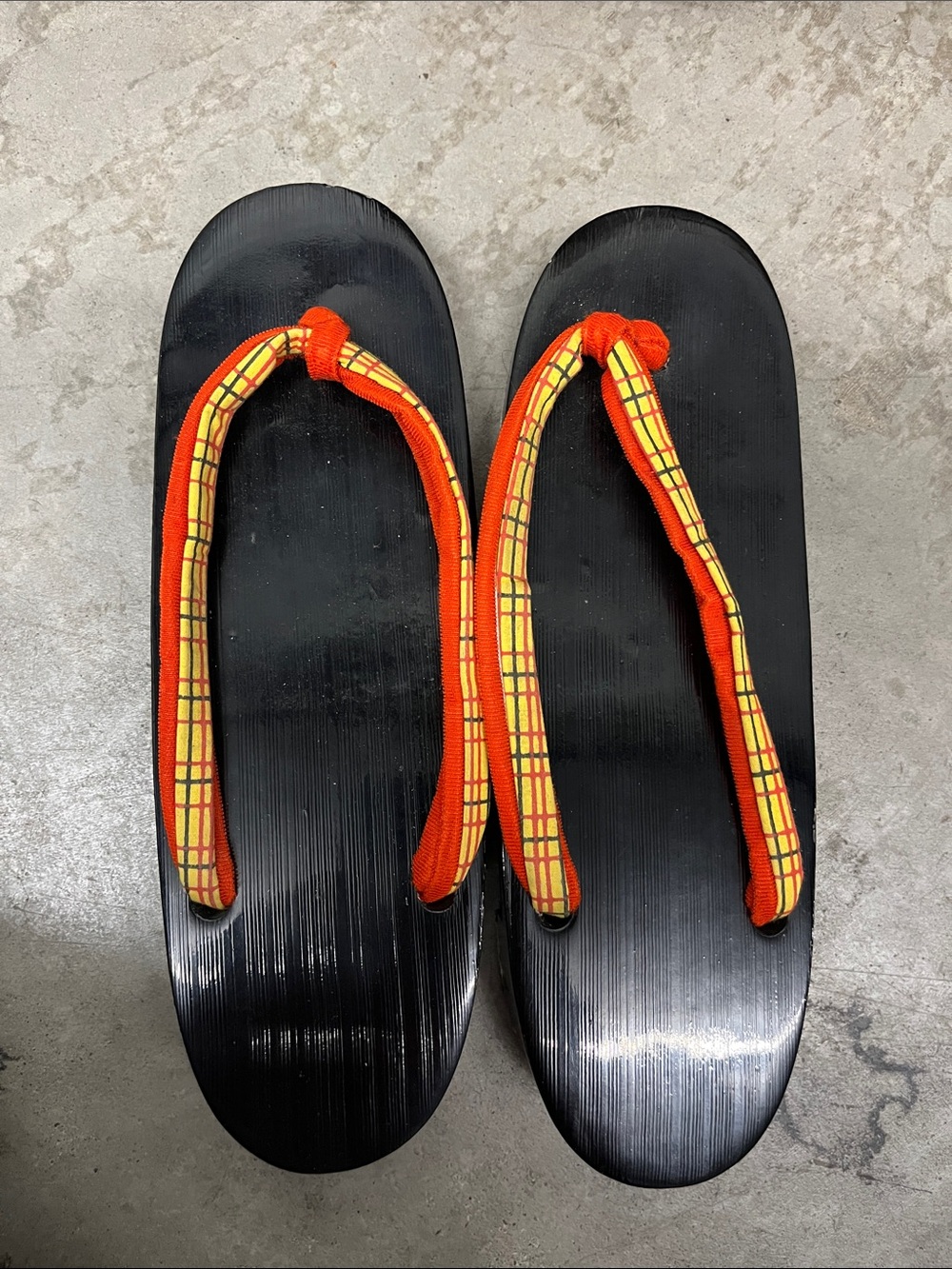 Black Geta Sandals with Orange Plaid Thong